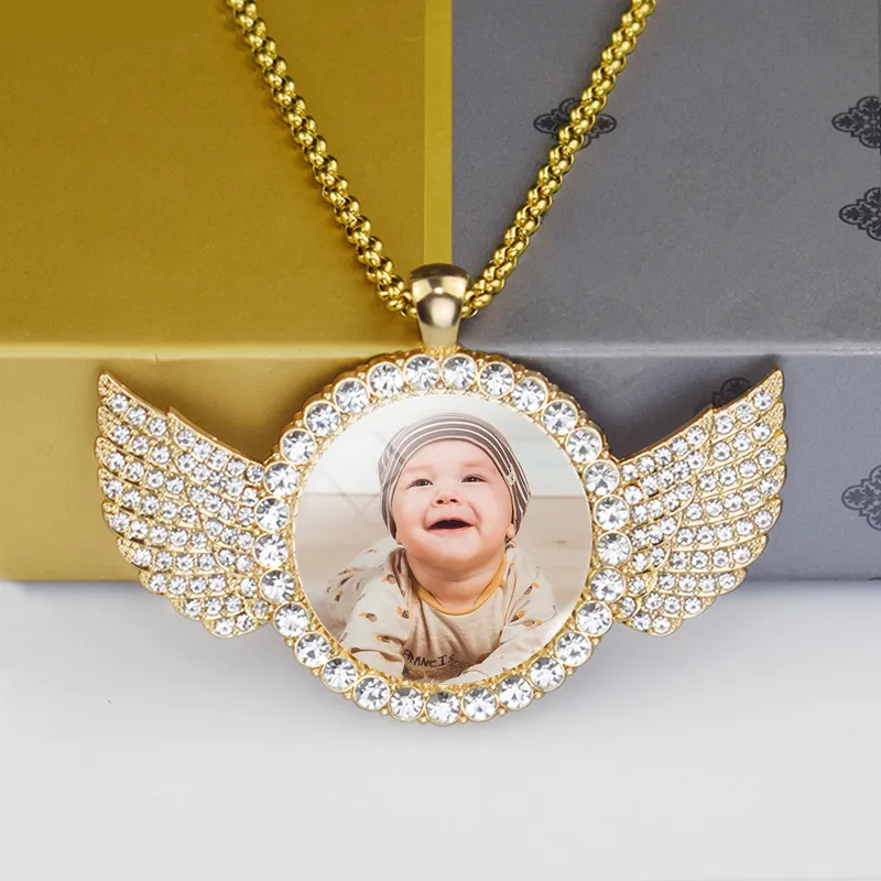 Custom Baby Photo Angel Wings Pendant with Long Chain Rhinestones Necklace Personalized Glass Dome Picture Jewelry