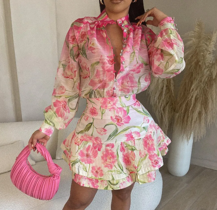 Save Big on Bulk Two Piece Dress Sets Floral Two Piece Skirt Set Long  Sleeve Shirt Mini Skirt Women's Summer Holiday Outfit Best Deals on  DHgate