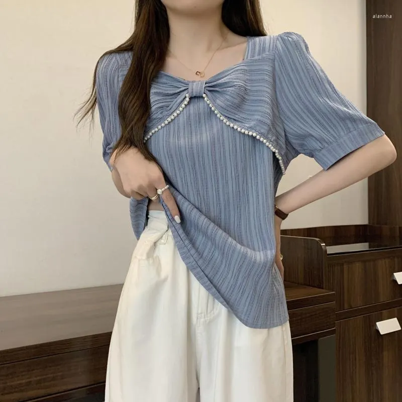 Camicette da donna Estate M-4XL Top manica a sbuffo di grandi dimensioni Moda donna Colletto quadrato con fiocco Camicie blu coreane sottili sottili