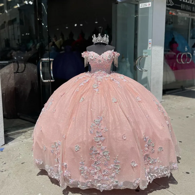 2024 abiti messicani di quinceanera rosa con perline floreale 3D Vestidos Applique XV ANOS Sweet 16 Robe de Soiree