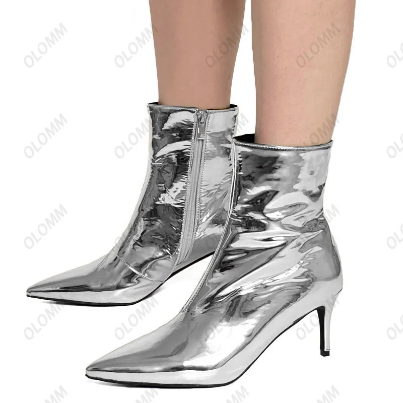 Olomm Women Winter Ankle Boots 7.5 cm Thin Heels Bootsed Toe Toe Gorgeous Gold Silver Party Shoes女性USサイズ5-15