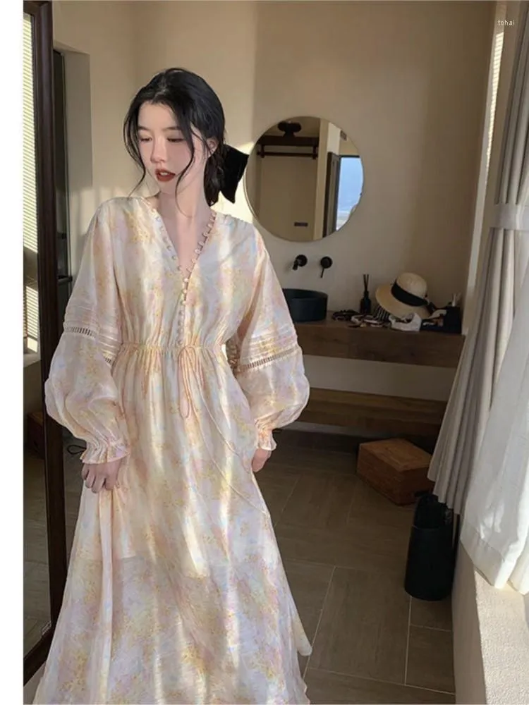 Robes décontractées printemps été Patchwork élégant robe de fée femmes taille haute princesse Floral doux femme France à manches longues coréen