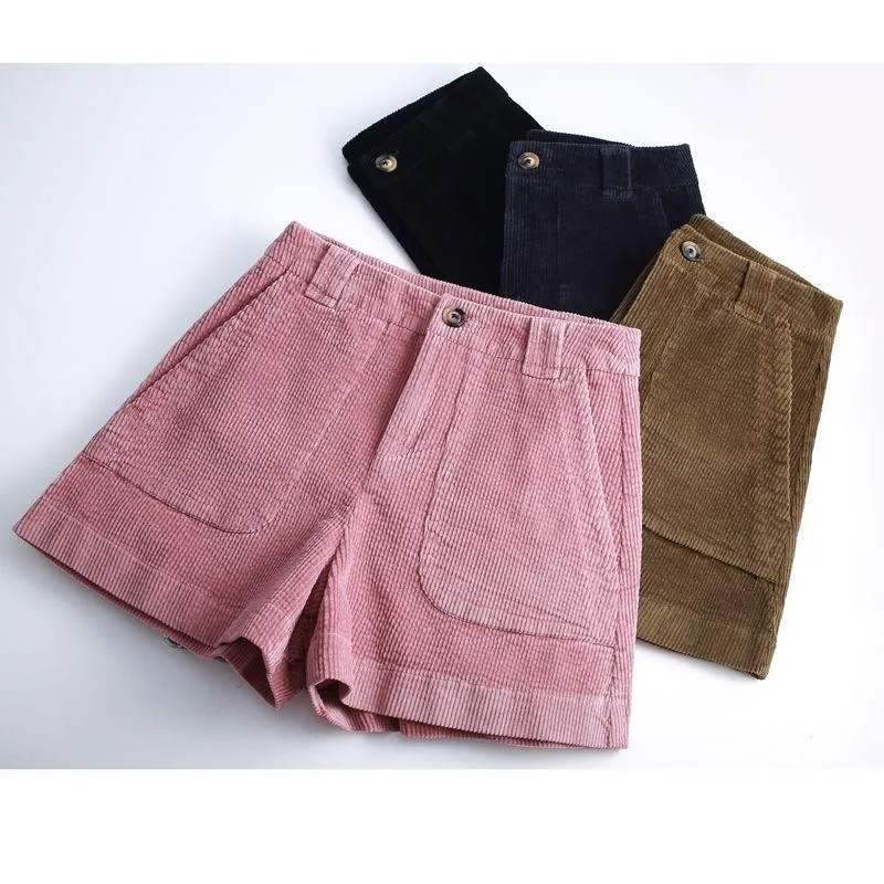Dames shorts corduroy brede poten voor vrouwen Koreaanse retro hoge taille losse casual korte broek met knop all-match femme y8