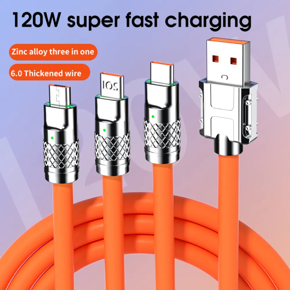 3 In 1 Fast Charging Cable 6A 120W Metal Liquid Silicone Type C Micro USB Data Charger Cable 1.2M Line For iPhone Android