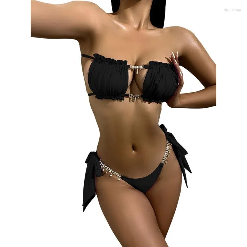 Kvinnors badkläder 2023 Kvinnor Bandeau Bikini Set Solid Black Yellow Red Orange Strapless Frill Trim Ruched Tops High Cut Bottom Baddräkt