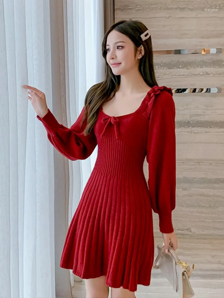 Casual Dresses Christmas Dress Red Kerst Bandage Short Ruffles Square Collar Backless Sexy Knitted Sweater For Women Robe Noel