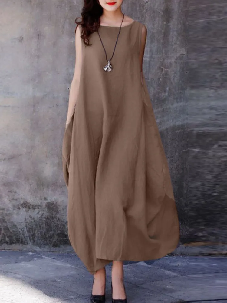Women's Summer Casual Cotton Linen Dress with Swing, Round Neck, and Pocket