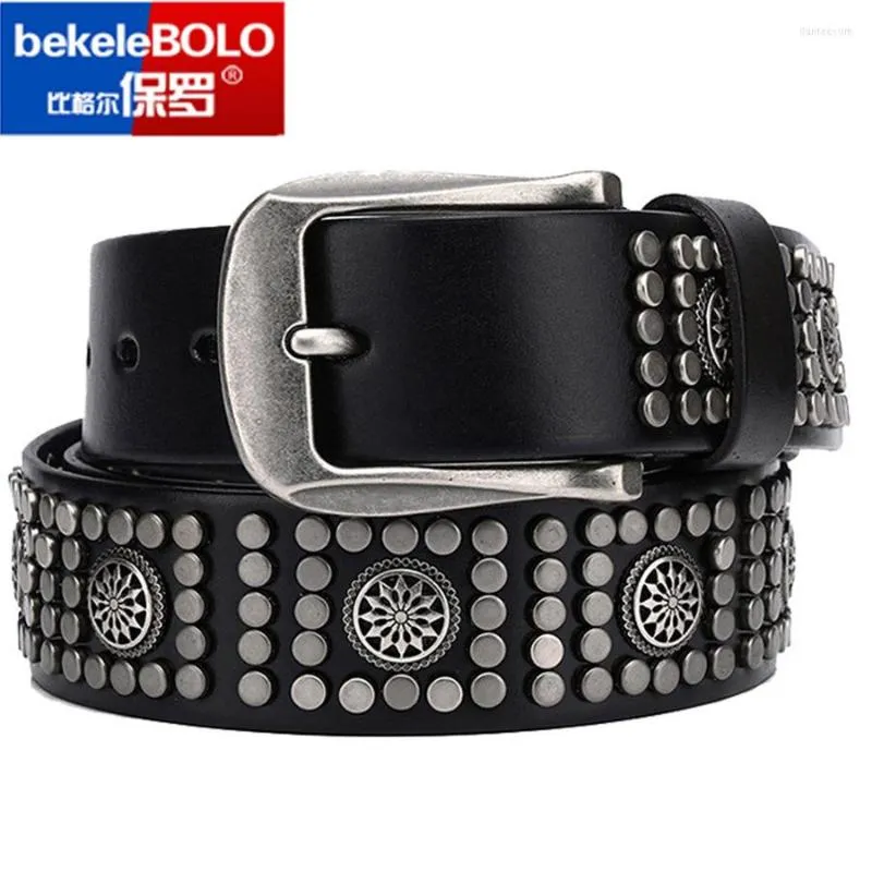 Cinture Rock Punk Rivetto con borchie da uomo Cintura per jeans in pelle bovina a taglio intero Cintura in vera pelle da donna con placca in metallo Hiphop