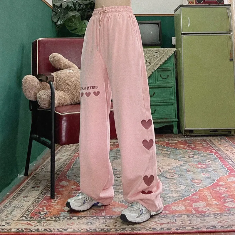 Kadın Pantolon Capris Home Product Centerharajuku Pembe Sokak Pantswomen'in Süper Bel Geniş Bacak Pantolonları Nakış Estetiği Gevşek Kore Moda 230511