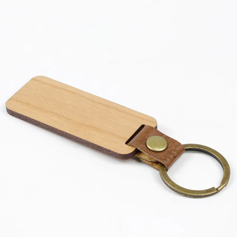 Popular Keychain em branco liso Telas portáteis Luxo PU de couro PU Promoção Promoção Presente Presente de Walnut Wood Laser Gravando keychains de metal Teckyings de metal