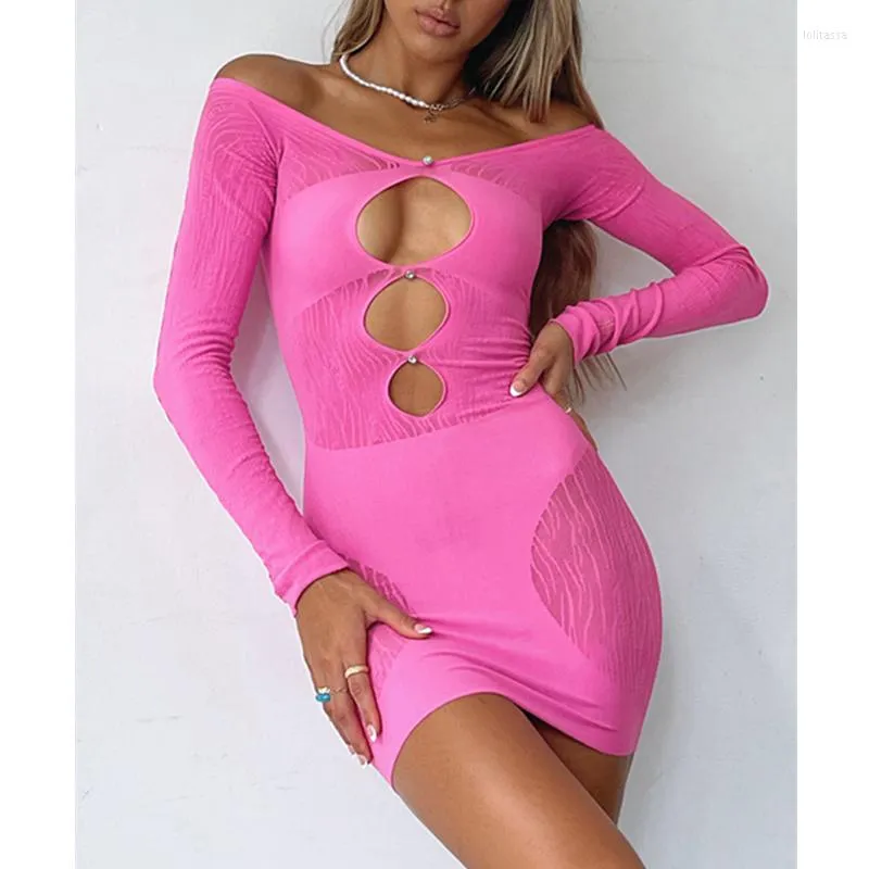 Casual Dresses Women Bodycon Dress Off Shoulder Backless Printed Mesh Stitching Cutout Hollow Tight Vestidos Sexy Clubwear Clothing Summer