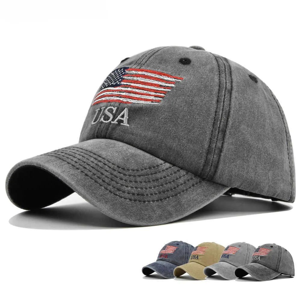 Snapbacks quatre couleurs style denim de style en détresse Coton Baseball Caps broderie USA Flag Camier Cap femme hommes Hip Hop Dad Baseball Hats P230512