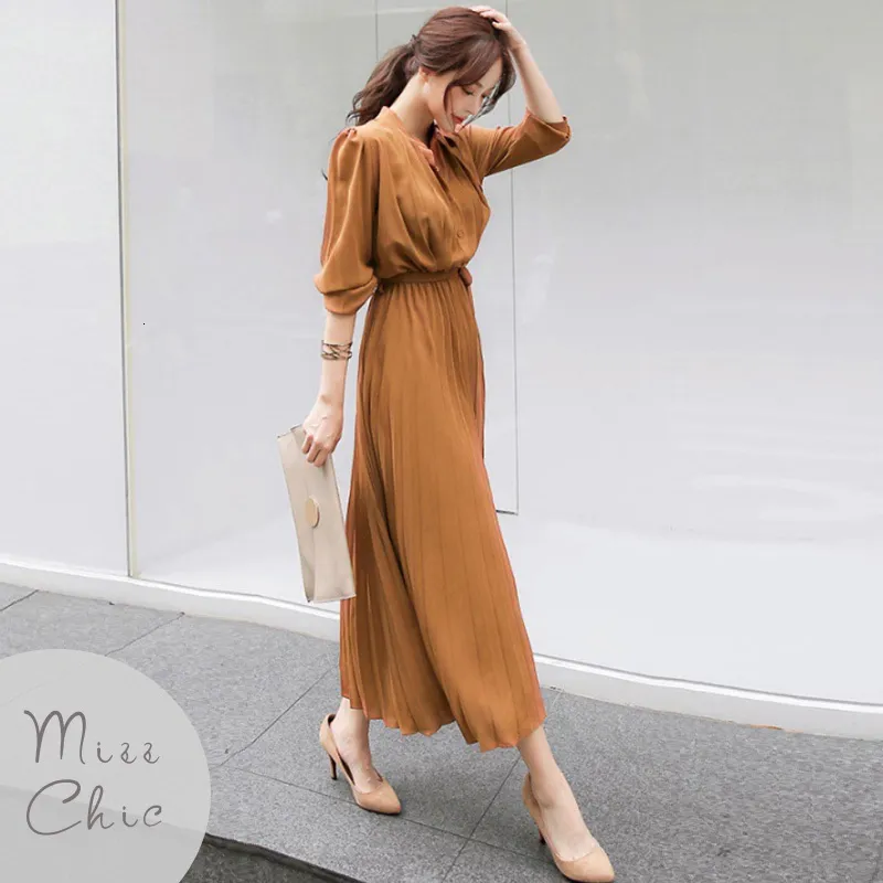 Casual Dresses Elegant Chiffon Long Sleeve Shirt Dress Women Belt Soe Up A-Line Pleated Maxi Dress Korean Fashion Fall Clothes Streetwear 230512