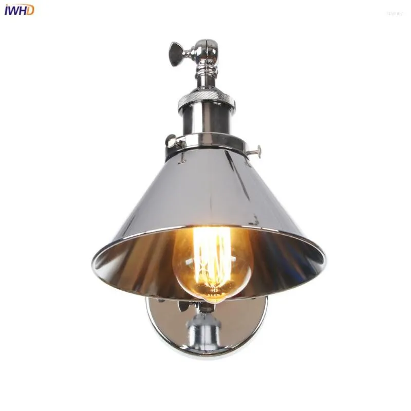 Vägglampa iwhd wandlamp retro LED -ljusarmaturer Justerbar svängande lång armplätering Silverloftdekor Vintage Industrial