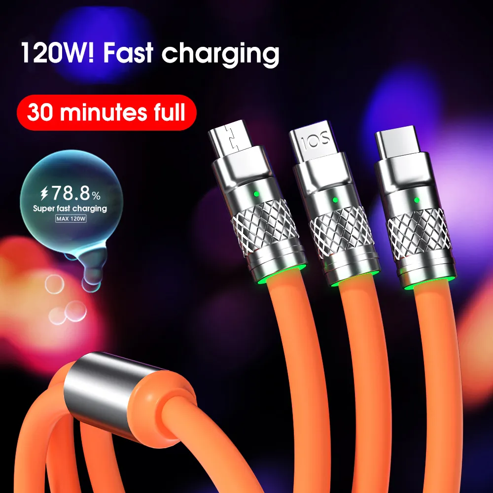 3 In 1 Fast Charger Cable 6A 120W Metal Liquid Silicone Type-C Micro-USB Data Charging Cable 1.2M Line Cord For Phone Android
