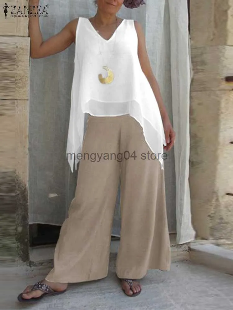 ZANZEA Women's Trousers Summer Loose High Waist Palazzo Pants Wide