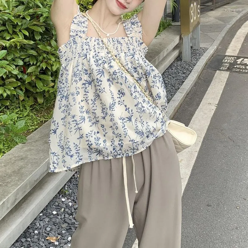 Kadınlar bluz kadınlar retro büllü tiki tarzı güzel şık yaz 2023 Basit baskı tasarım kolsuz üst tatil Koreli