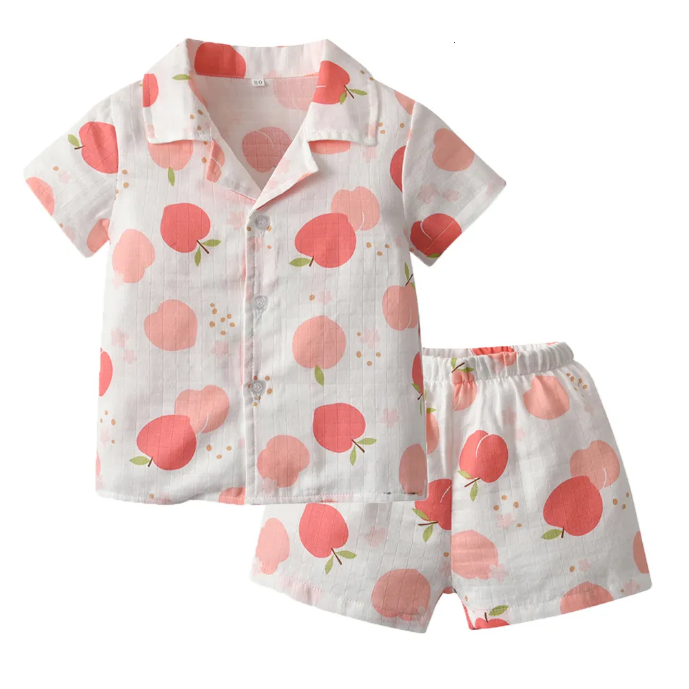 Pijama çocuk giyim karikatür şeftali pijama set kız bebek erkek erkekler yaz çocukları gömlek şeridi 2 adet set pamuklu pijama takım elbise 230511