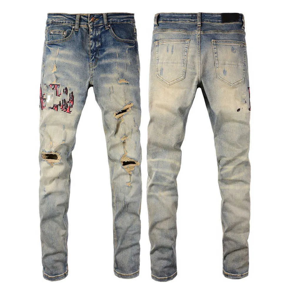 Pantalones vaqueros para hombre pantalones de lavado con estampado cruzado de moda desgastados ajustados parche ajustado para rasgar el pie