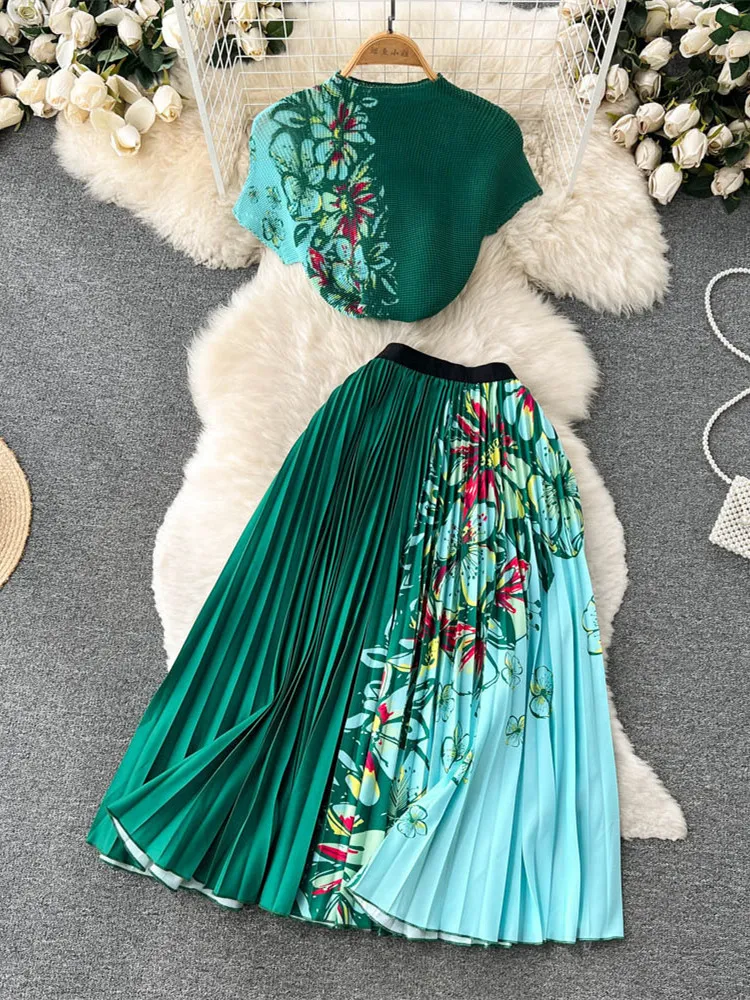 Two Piece Dress Women Ankle-Length Pleated Floral Print Set with Raglan  Sleeve Stretch Tshirt Top and Long Skirt from Dhgate Two Piece Dress -  price 66.67
