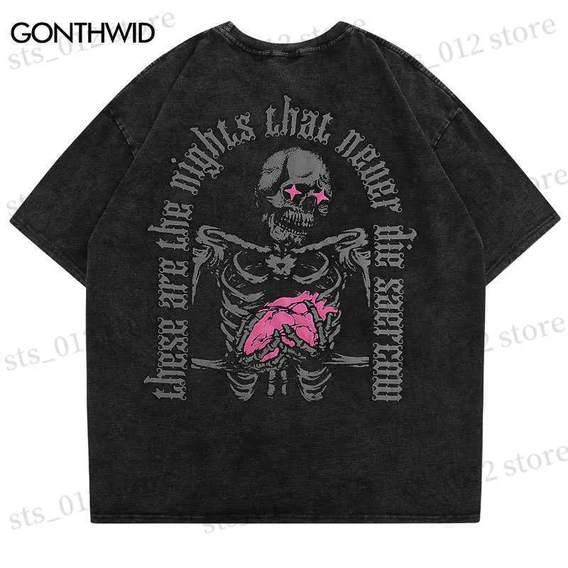 Camisetas para hombres Camiseta vintage para hombres Streetwear Y2K Hip Hop Skull Skeleton Letter Print Punk Gothic Washed Shirts Harajuku Camiseta suelta de manga corta T230512