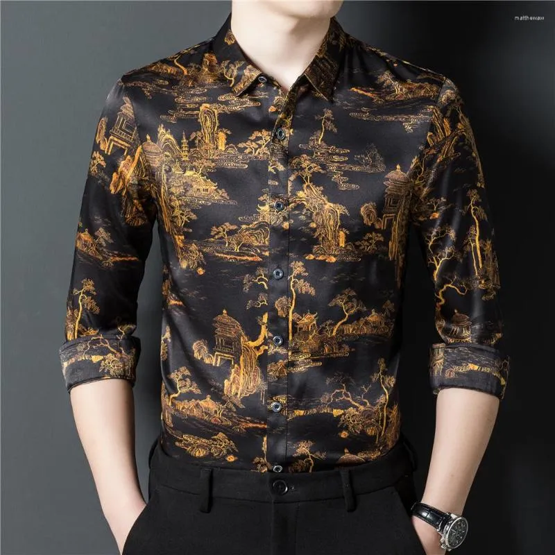 Men's Casual Shirts Chinese Style Silk Dress Shirt Men High-End Long Sleeve Print Spring Quality Smooth Comfortable Vintage Chemise Homme