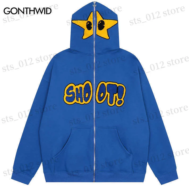 Heren Hoodies Sweatshirts Vintage Emo Hooded Jacket Streetwear Hip Hop Embroidery Star Letter Volledige rits omhoog Punk Fleece Jackets Harajuku Fashion Cotton Coat T230512