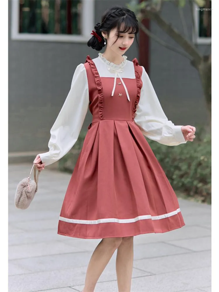 Swobodne sukienki japońska słodka patchwork sukienka z rękawem kawaii Kobiety Fall Band Cute Pleteted Petite Soft Girl Vestidos