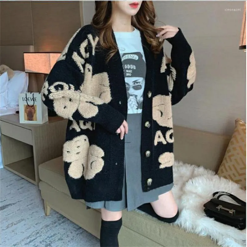 Women s Kawaii Bear Cardigan 2023 Autumn Knit Sweater Long Sleeve Button Down Coat