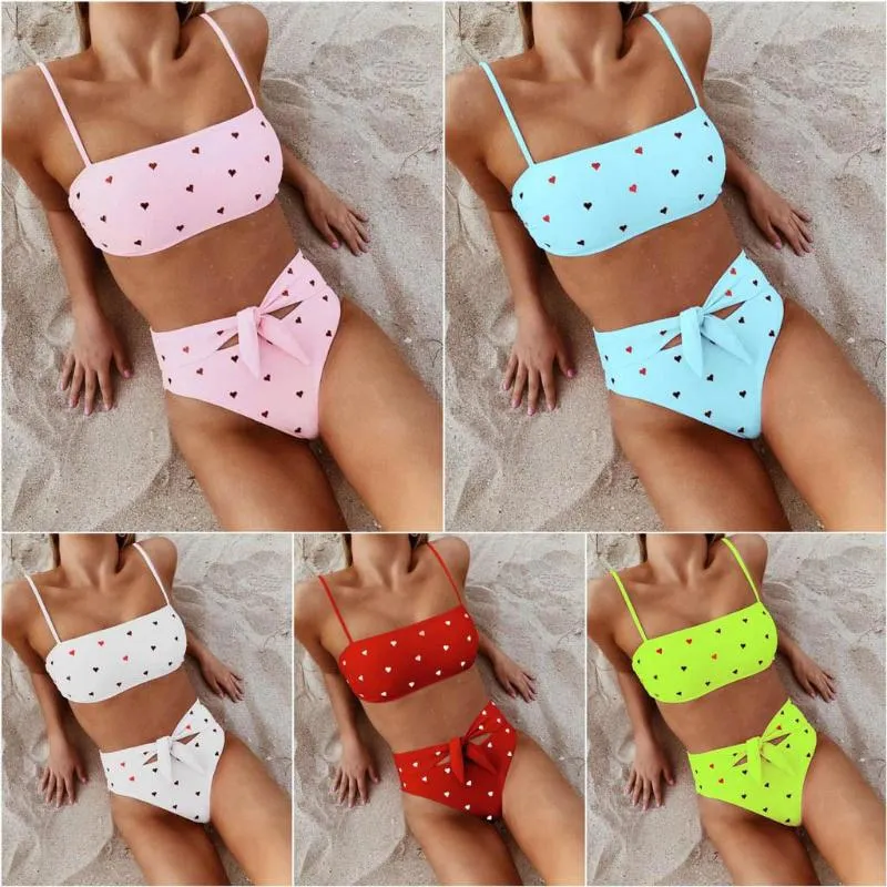 Женские купальные костюмы Женская с коротким рукавом топ Sexy Women Love Printed Bow Knot Bikini Shikin