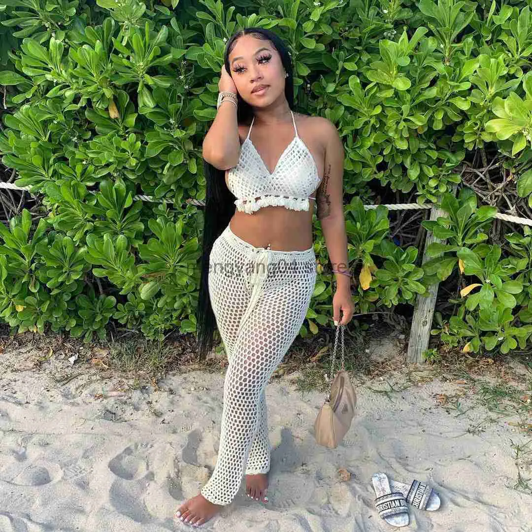 Kvinnors tvåbitar byxor Tassel Bandage Summer Beach Wear Two Piece Set Women Sexig Sheer Mesh Bikini Bar Crop Top + Pants Skinny Tracksuit Women Holiday T230512