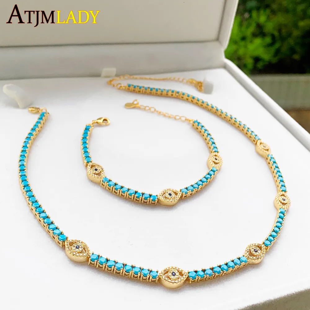 Pendant Necklaces Turquoises Stone Paved Link Chain 3510cm Gold Plated Blue White CZ Turkish Charm Choker Fashion Necklace for Women 230511