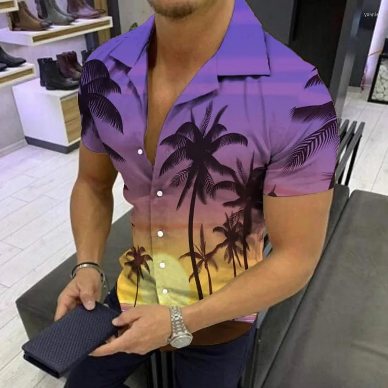 Casual shirts voor heren 2023 Zomer heren Sunset Beach Collection 3D Digitale print Polo kraag korte mouw Hawaiiaanse shirt mode