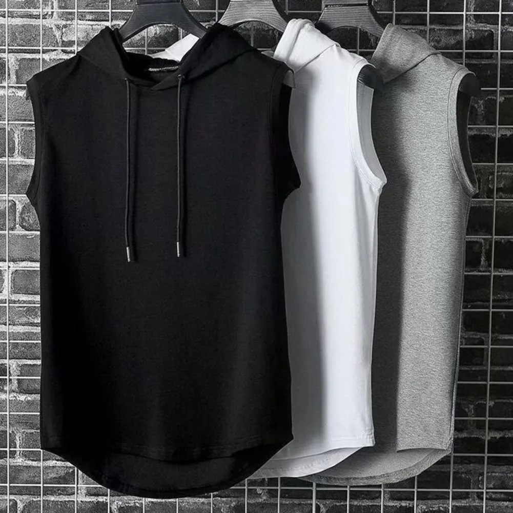 Men's Polos Men Muscle Hoodie Vest Sleeveless Pure Color All Match Loose Sweat Absorption Summer Tshirt for Gym Workout Fitness 230512