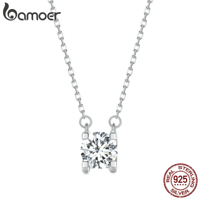 Bamoer Luxury Moissanite Diamond Classic Round Pendant Necklace For Women 925 Sterling Silver Chain Wedding Jewelry