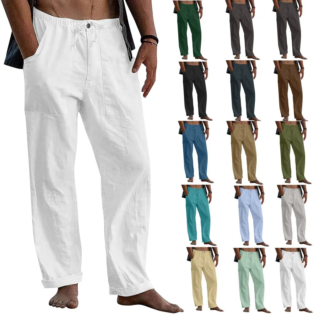 Enjoybuy Mens Summer Cotton Linen Long Casual Pants, 01-beige, Size Small  at Amazon Men's Clothing store
