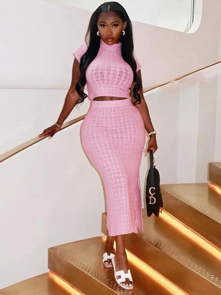 pink crop top dress Puff Sleeve Crop Top and Skirt Set 39854