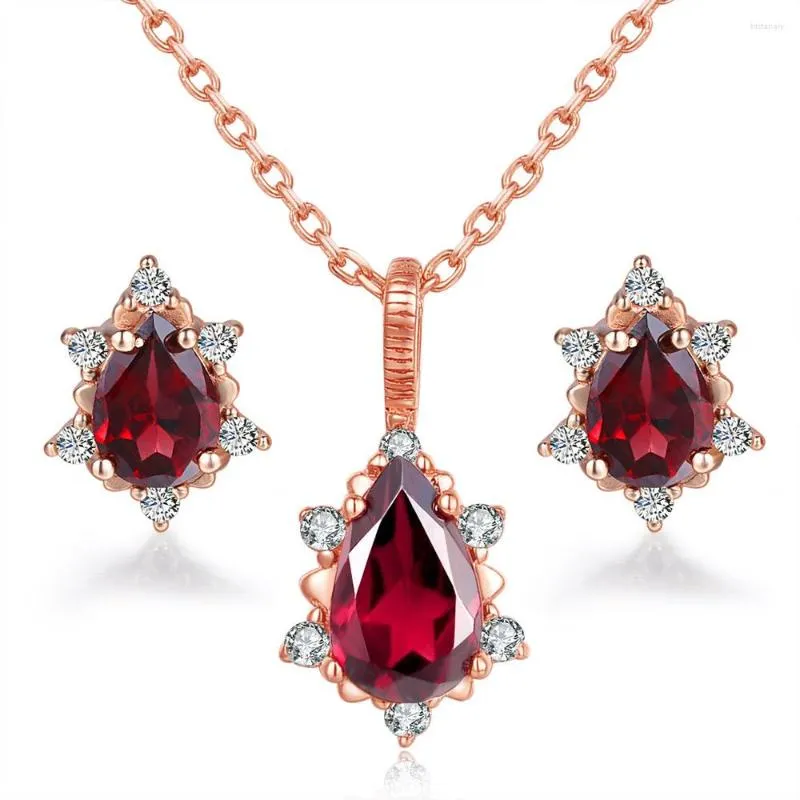 Halsbandörhängen Set Double Fair Korean Jewellry Red Teardrop Zircon Rose Gold Color Jewelry for Women Wedding Partihandel S532