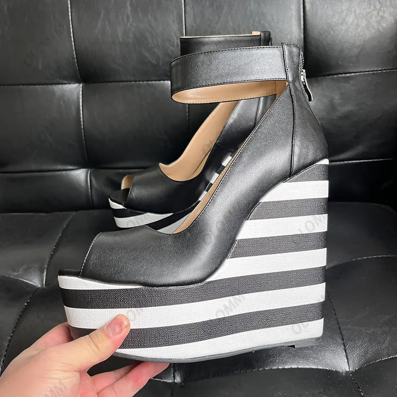 Olomm Handmade Women Platform Stripped Pumps Ankle Strap Wedges Heels Peep Toe Party Shoes Women Plus US Size 5-20