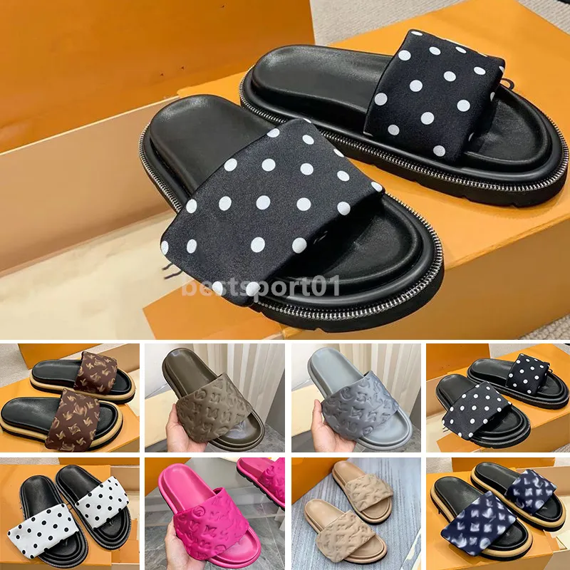 2023 Piscine Oreiller Mules Femmes Designers Sandales Sunset Plat Confort Mules Rembourré Avant Sangle Pantoufles À La Mode Facile-à-porter Style Diapositives taille 35-44 hommes femmes B01