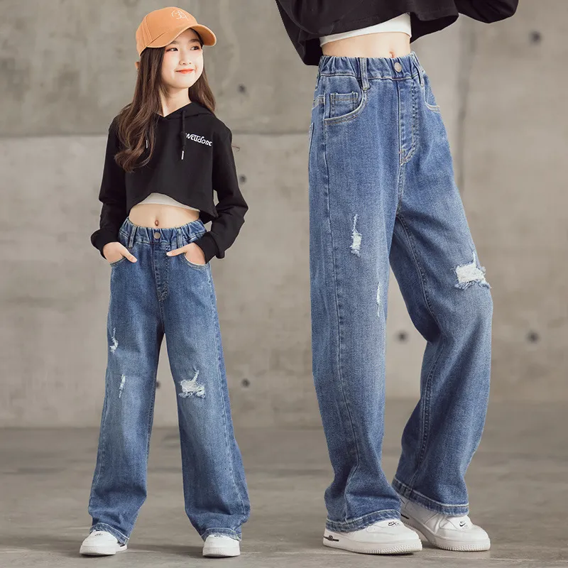 Jeans Printemps Automne Enfants Jeans pour Filles Vêtements Enfants Denim Pantalon Adolescent Bébé Filles Lâche Mode Déchiré Trou Large Jambe Pantalon 230512