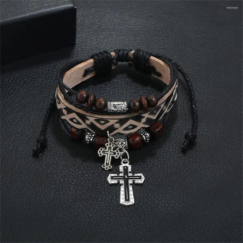 Bangle Trendy Multilayer Cross Bracelet Ethnic Style Leather Beading Wrist Chain Men Cuff Bangles Punk Couple Jewellery