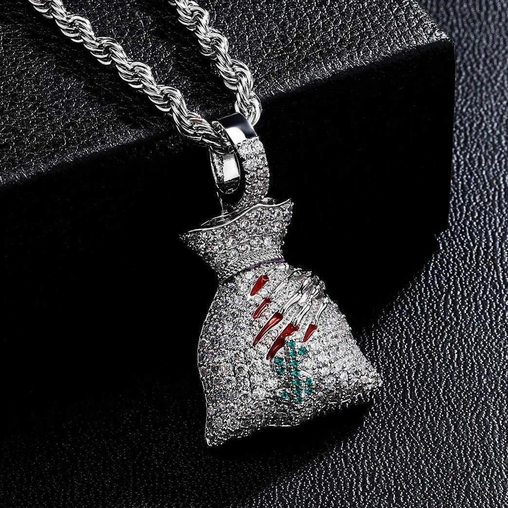 Hip Hop Money Bag Hangketting met dollarsymbool Trick Skull Hand Hoogwaardige kubieke Zirconia Street Trendy sieraden Accessoires Goudplaat Volledig ijsje CZ Stone