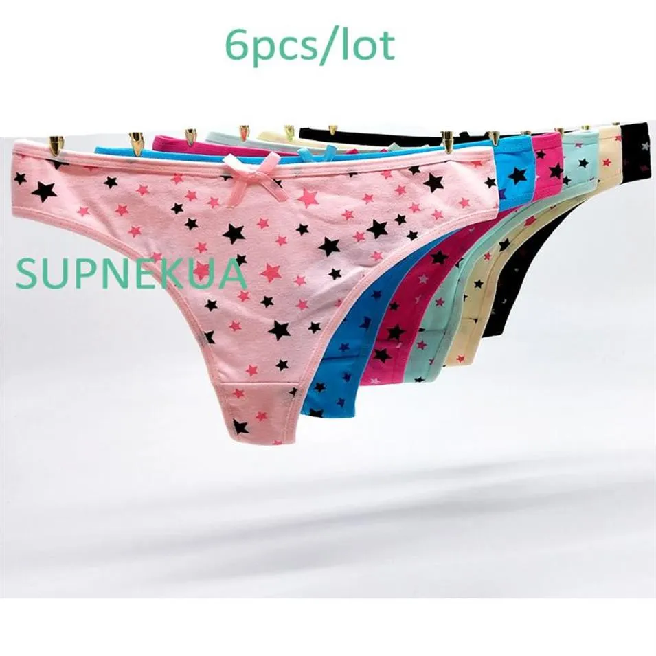 Panties 6pcs Cotton Girl's Underwear Printed Stars Thongs Bandages Girl G  String Low Waist Teen Thong Calcinha Size M331h