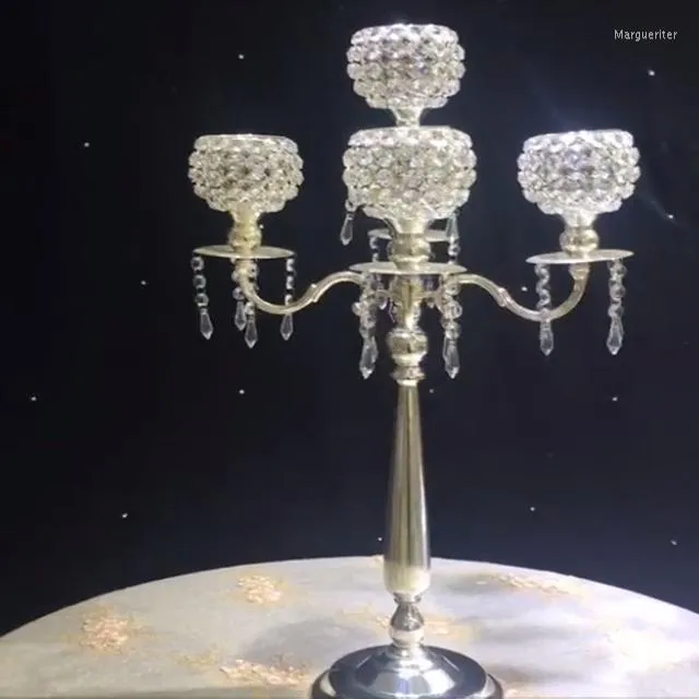 Wazony 12ps) 5 broni Candelabra złota metalowe Crystal świece dla świec Tealight Holders klasyczny stół weselny CenterPiecs1834