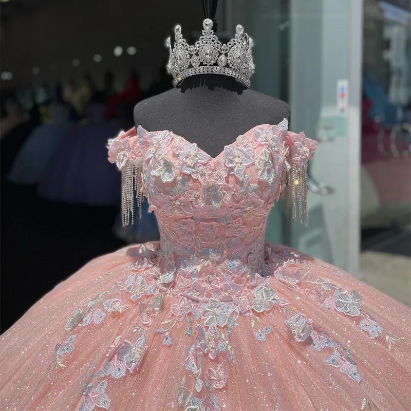 Mexican Pink Pastel Pink Quinceanera Dresses With 3D Floral
