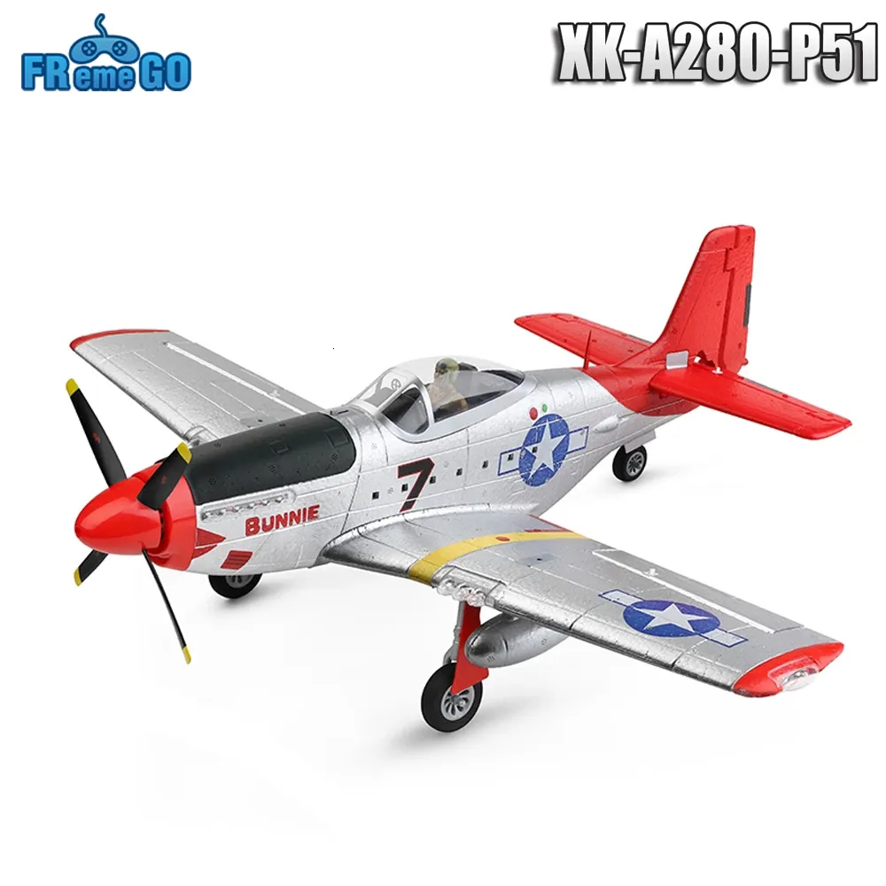 Aeronave elétrico/RC XK A280 RC PLANO 2.4G 4CH 3D6G Modo Aeronave P51 Simulador de caça com holofotes LED RC Airplane Toys for Children Adults 230512