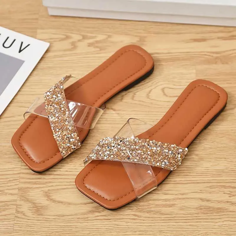 Slippers Bling Summer Slippers Women Flats Роскошные открытые шлепанцы Женщины Сандалии Золото-серебро Прозрачная обувь Большой размер 36-43 G230512