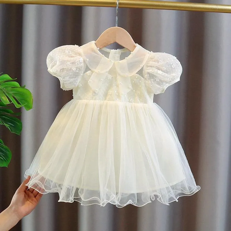 Fille Robes Filles Vêtements Enfants Princesse Robe Doux D'été À Manches Courtes Bébé Infant Fête D'anniversaire Perlé Maille Fée Robe ADK2452