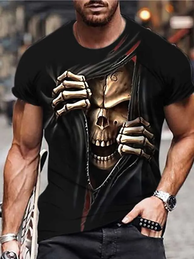 Rukas Universal 재미있는 티셔츠 두개골 그래픽 아래쪽 목이 커스텀 블랙 청록색 카키 3D 캐주얼 짧은 슬리브 프린트